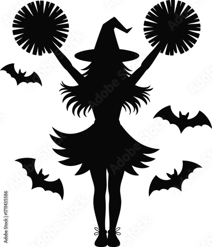 Halloween cheerleader witch flying with bats silhouette banner