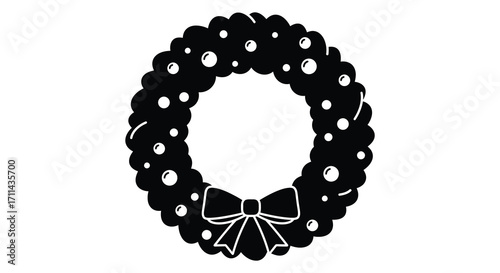Simple black and white wreath illustration with a decorative bow design