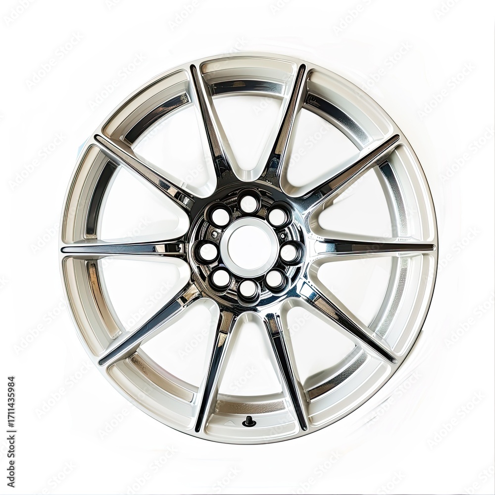 Obraz premium A shiny alloy wheel featuring a multi-spoke design, commonly used in vehicles.