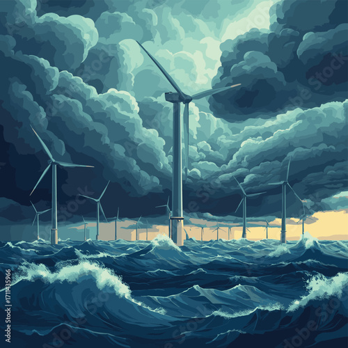 Photorealistic Offshore Wind Farm with Turbines Amid Stormy Sea and Dark Clouds, Capturing Waves and Power Generation , vector style simple color