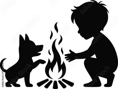 Boy and dog enjoying a campfire at night silhouette