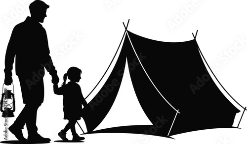 Father and daughter walking together on a camping trip silhouette