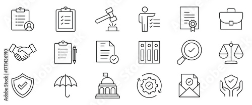 Regulation line icon set. Compliance Icon set. Containing rules, authority, conduct, law, guideline, penalty, government, ethics, compliance, procedure, and more. Vector illustration.