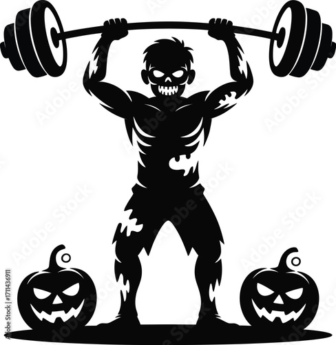 Halloween zombie lifting weights with a pumpkin silhouette