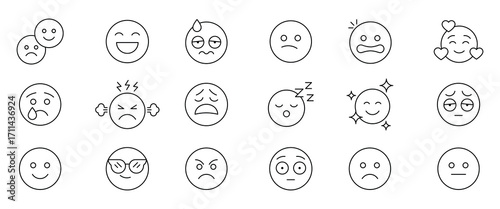 Emoji Icons. Mood emoji Icon set. Emoji faces icon set in line style. Human emotions related icons. Vector illustration.