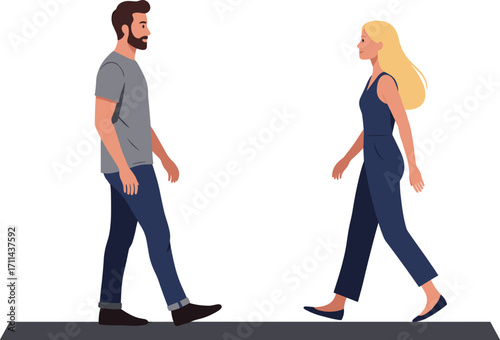 Man and woman walking side by side, casual clothing, modern flat design, vector illustration, people in motion, urban lifestyle, simple background, human figures, movement concept