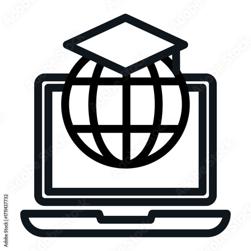 Laptop Global Education Line Icon of Distance Learning Icon Set