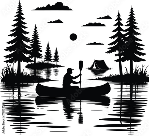 Man in canoe on lake at sunset silhouette camping adventure