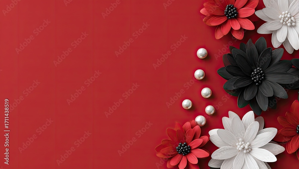 Obraz premium Red background with paper flowers and pearls