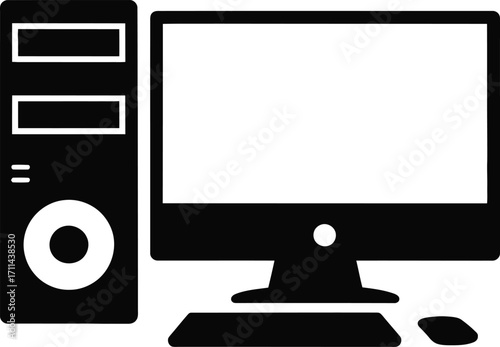 Black silhouette of a desktop computer monitor and mouse on a white background silhouette
