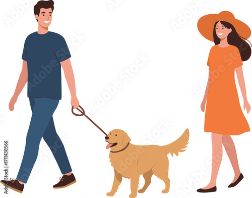 Couple walking golden retriever dog, man holding leash, woman in orange dress, outdoor pet activity, happy family, lifestyle illustration, pet care, summer walk
