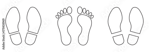 Different human footprints. Imprint soles shoes. Baby children footprint, Shoes for children and adults, adults and children's steps. Perfect for ecology, environment, travel, identity, lifestyle. 