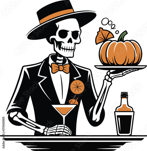 Skeleton butler serving spooky halloween drinks in silhouette