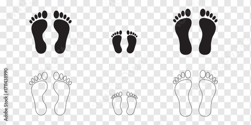 Different human footprints. Imprint soles shoes. Baby children footprint, Shoes for children and adults, adults and children's steps. Perfect for ecology, environment, travel, identity, lifestyle. 
