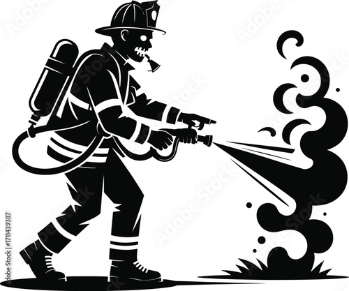 Undead firefighter ghost extinguishing fiery flames silhouette banner