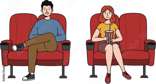 Couple enjoying movie at cinema, man and woman sitting in red seats, holding drink, entertainment, film watching, leisure activity, casual outing, fun time
