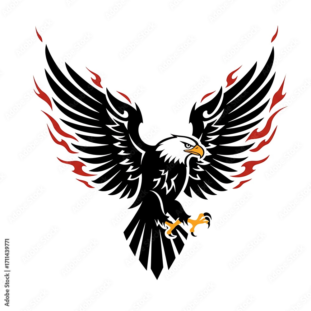 Fototapeta premium Majestic Eagle Soaring High with Graphic Emblem on White Background, and Freedom Concept.