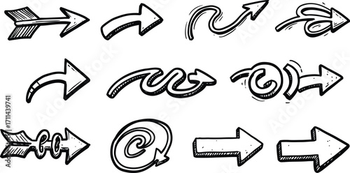 Collection of nine black hand drawn arrow icons with varied styles symbol direction