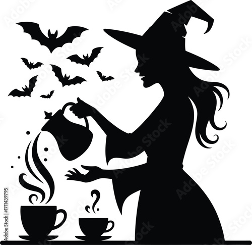 Witch pouring coffee with bats silhouette halloween design