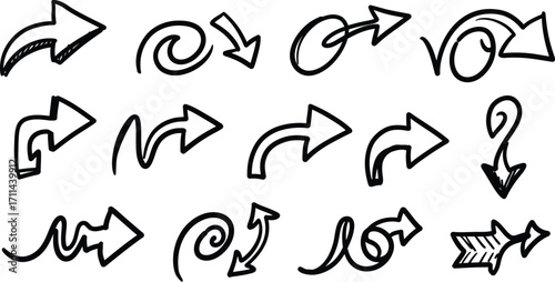 Black Outline Arrow Icons Set Spiral Curved Straight Pointing Directions collection