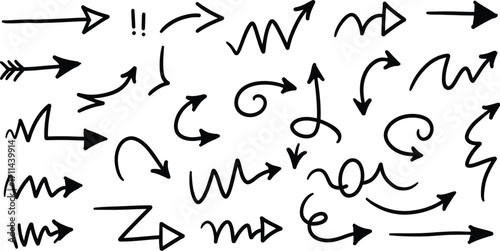 Collection of hand drawn black arrow icons with varied shapes and directions symbol