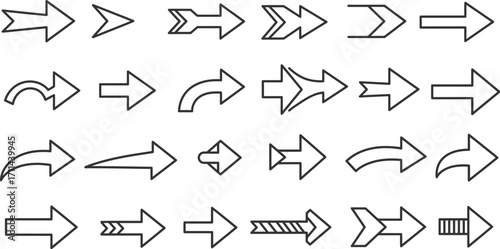 Collection of black outline arrow icons pointing right in various styles right arrow direction