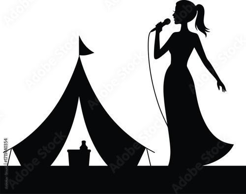 Woman singing outdoors by a tent silhouette