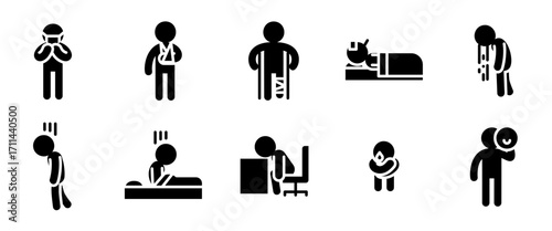 Disease and symptom icon set. Solid style. Outline vector set of injury, health care, burnout and more 