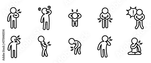 Disease and symptom icon set. Line outline style. Outline vector set of headache, treatment, toothache, dizziness and more