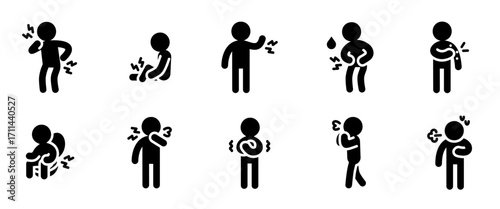 Disease and symptom icon set. Solid style. Outline vector set of back pain, health care, bronchitis, hospital and more	

