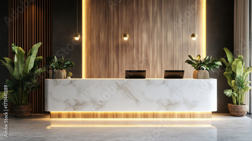 Spa reception counter mockup entrance health wellness relaxation welcoming interior lobby lounge greeting elegance design luxury minimalist modern natural light front view decoration
