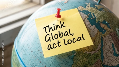 Sticky Note on Globe with Message to Inspire Global Thinking and Local Action in Modern Business Context