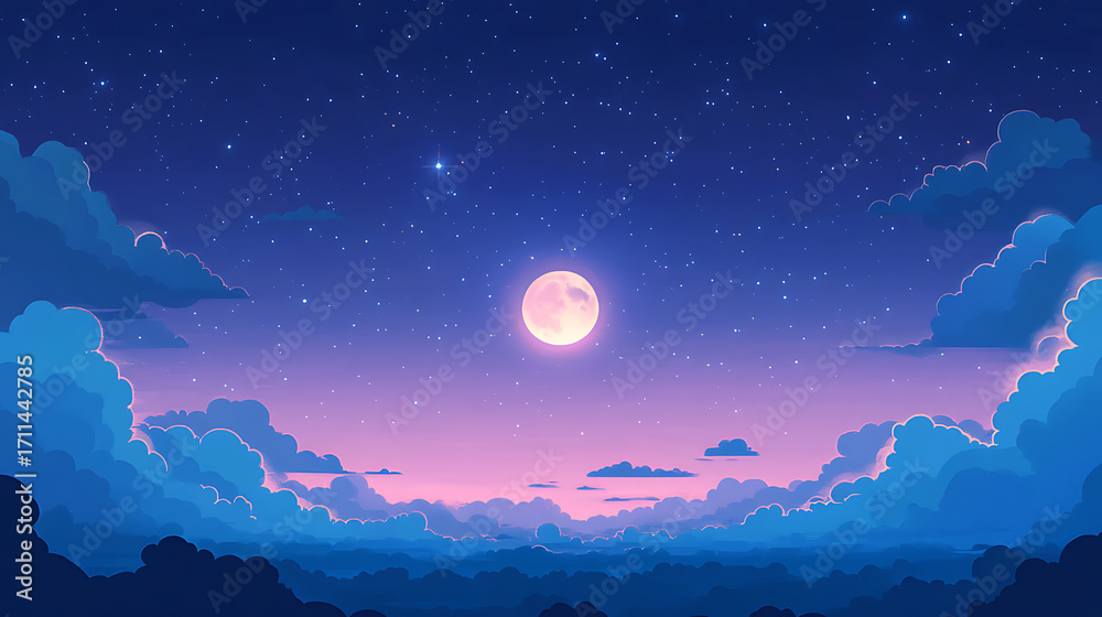 Obraz premium Serene night sky showcases glowing moon surrounded by soft clouds under twinkling stars, creating enchanting weather conditions