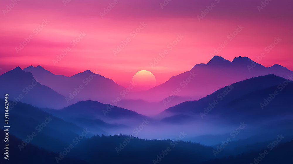 Fototapeta premium Breathtaking sunset over mountains showcases vibrant weather conditions with hues of pink and purple creating serene atmosphere
