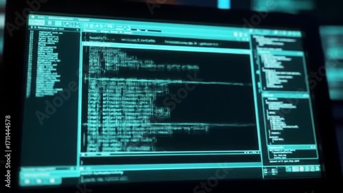 Futuristic coding interface with abstract data stream and running scripts