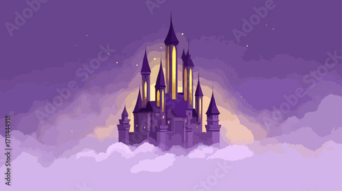 Purple castle on clouds at dusk