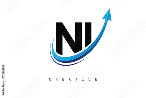 NI Letter Logo with Dynamic Arrow Swoosh – Modern Business Branding, Growth, Progress & Innovation Symbol
