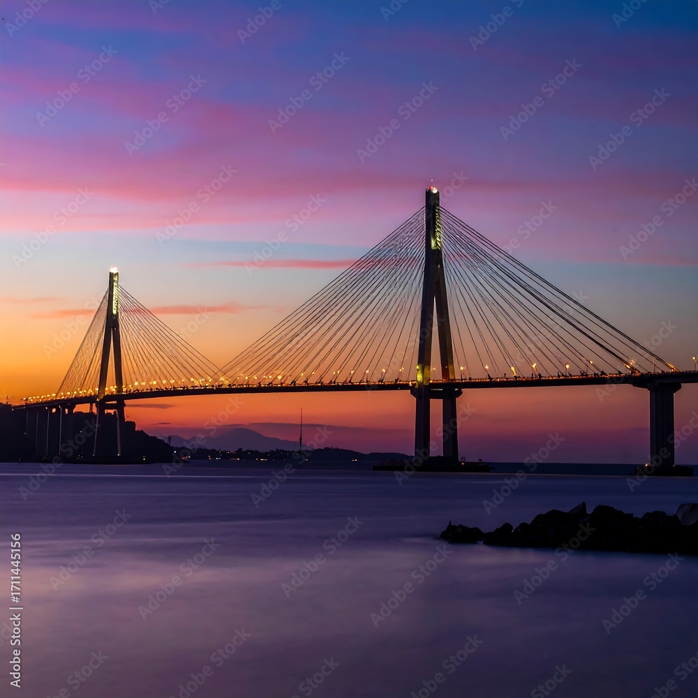 Obraz premium A cable-stayed bridge at sunset over water