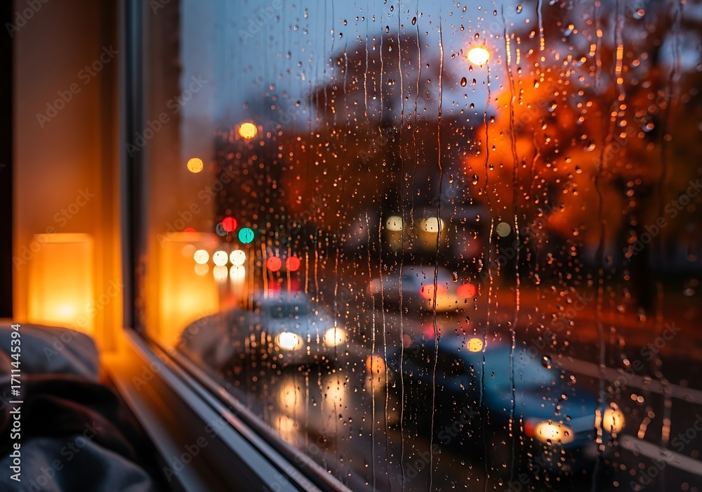 Fototapeta premium Rainy Night City View from Window with Warm Interior Lighting