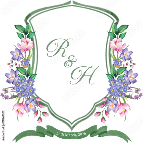 A beautiful  hand drawn watercolor crest featuring delicate pink, purple, and blue flowers, with the initials R & H inside. Isolated on a white background, ideal for wedding stationery.