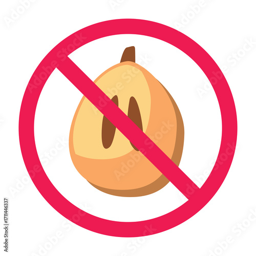 No sapodilla sign, forbidden sapodilla sign, sapodilla fruit prohibited symbol, do not eat sapodilla fruit vector illustration, red crossed circle icon