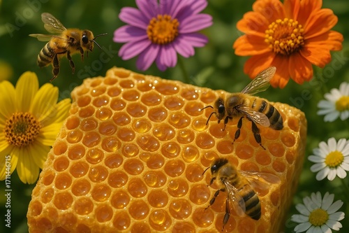 Buzzing bees collect sweet golden honey from honeycomb surrounded by vibrant colorful wildflowers
