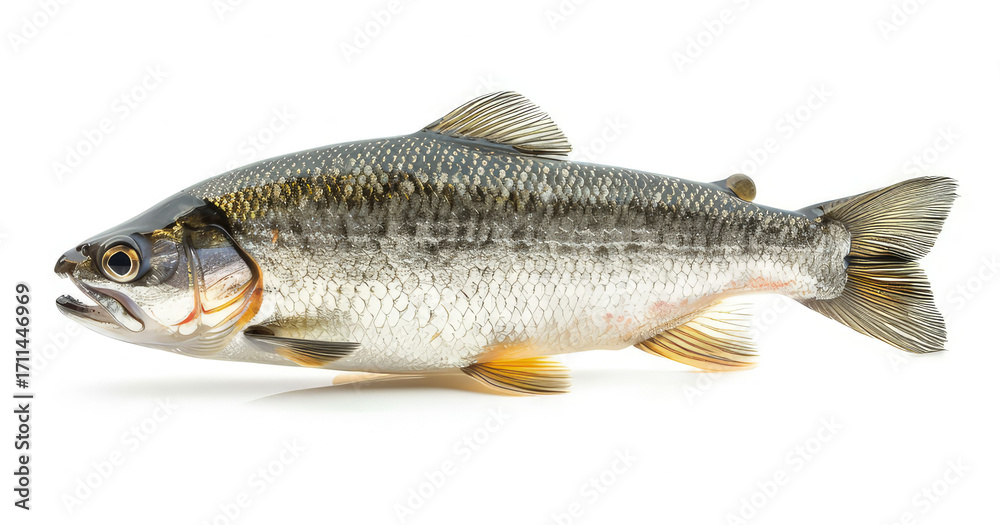 Fototapeta premium A whole fish displayed on a white background, showcasing its features and details.
