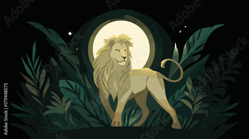 Lion in moonlight jungle illustration