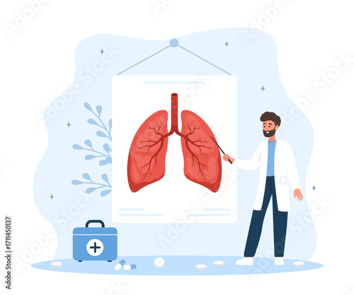 Pulmonologist concept. Male doctor researching lungs transplantation. Internal organ surgeon. Flat Vector illustration.