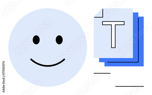 Blue smiling face beside stacked documents with text symbol conveys positivity, content creation, and organization. Ideal for teamwork, writing, collaboration, productivity, planning, creativity