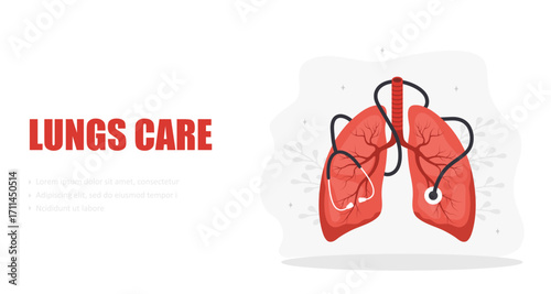 Lungs care concept. Medical check up. Big realistic lung with stethoscope. Flat Vector illustration.