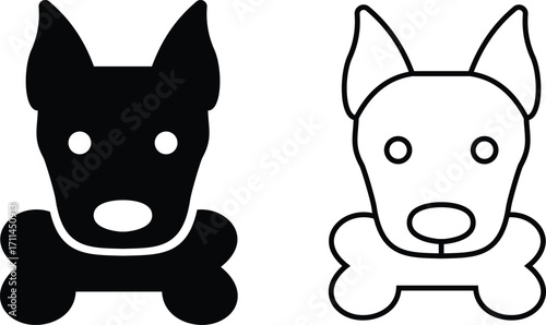 dog icons set, collection and group of puppy face, pet and bone silhouette and outline illustration, flat and line style vector design isolated on transparent background
