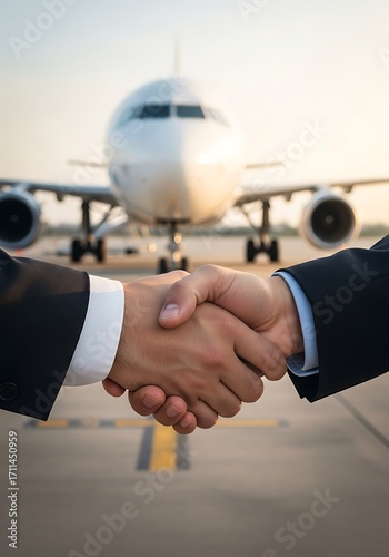 Business handshake on tarmac with airplane agreement