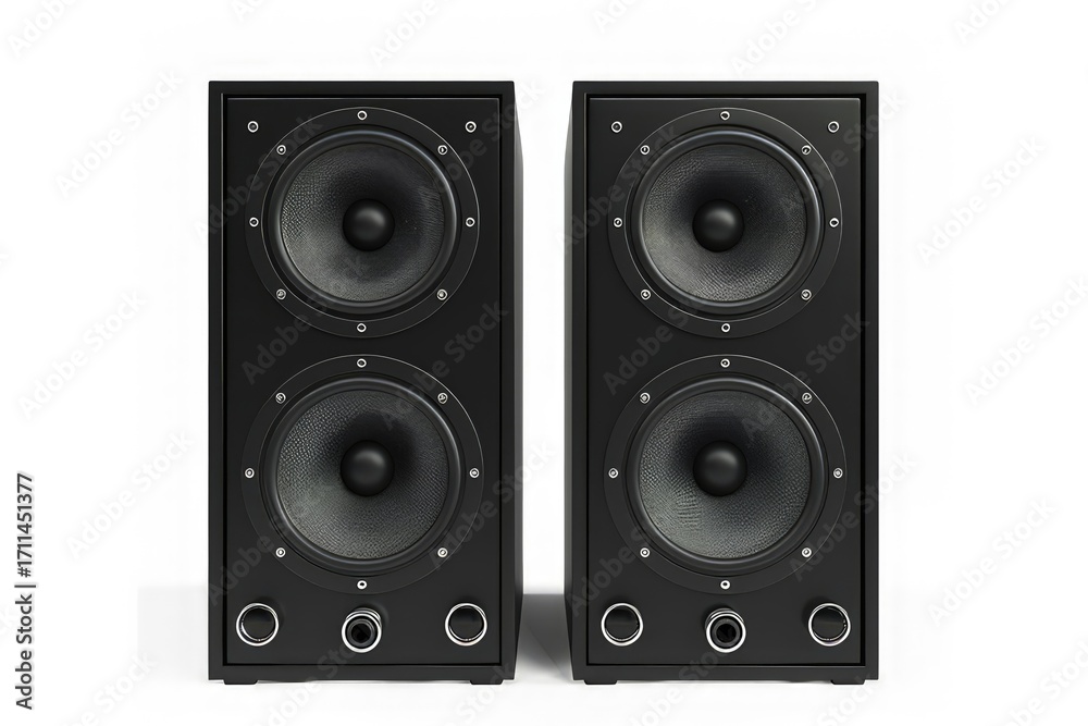 Fototapeta premium Two black speakers with dual woofers and knobs for audio control.